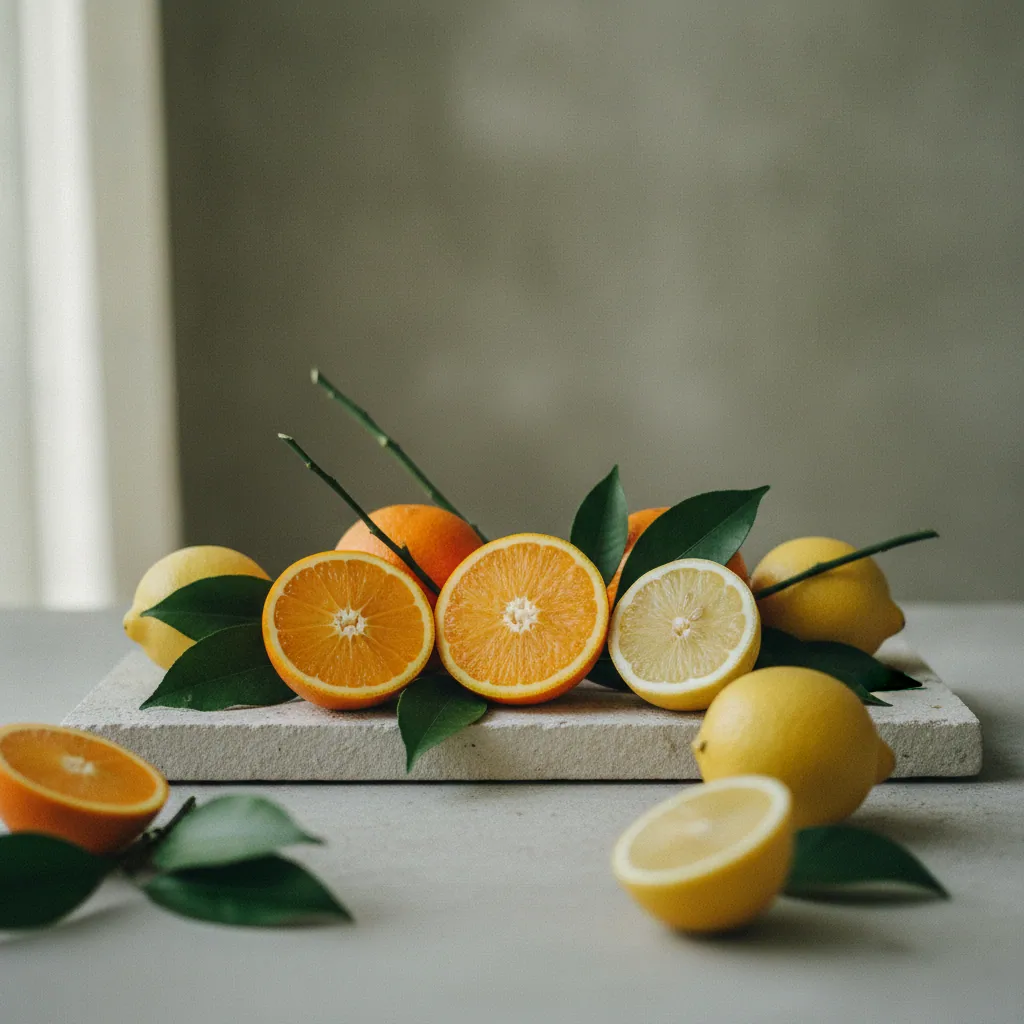 Verse sinaasappels en citroen op een licht stenen oppervlak, bron van vitamine C