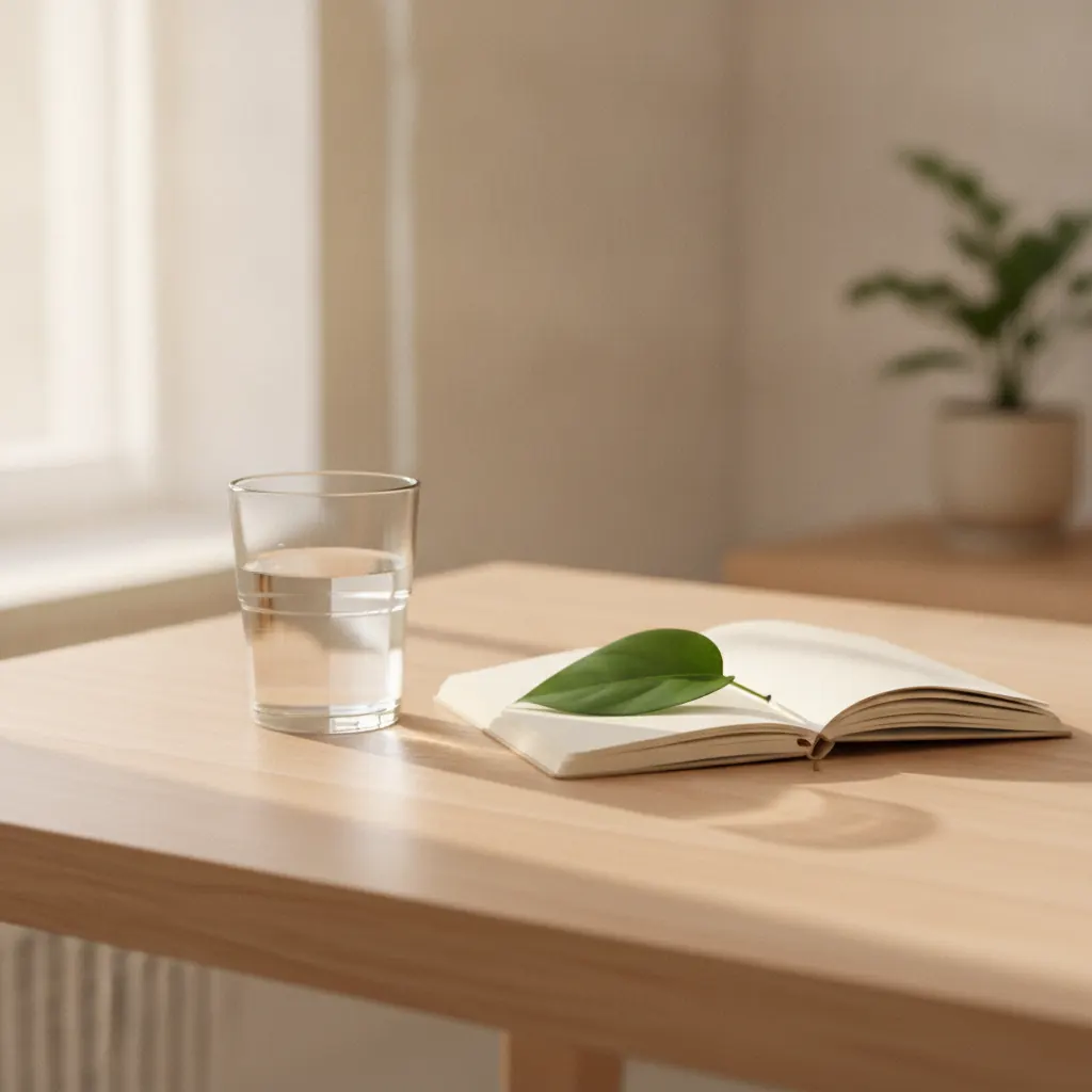 Glazen water en capsule naast een notitieboek op een lichte houten tafel, ochtendlicht