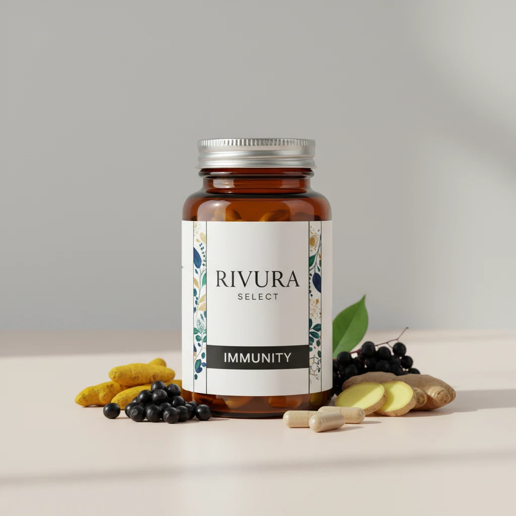 Rivura Select amber glazen pot met zwart deksel en designlabel, 90 capsules